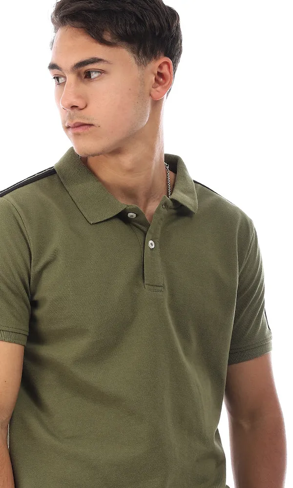 95495 Two Lined Shoulder Plain Polo Shirt - Olive