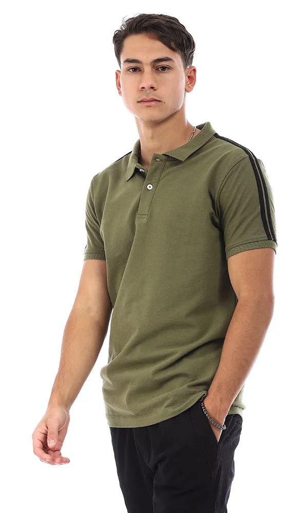 95495 Two Lined Shoulder Plain Polo Shirt - Olive