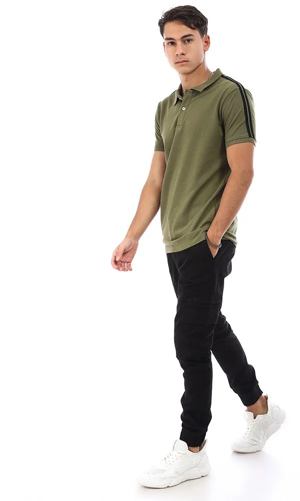 95495 Two Lined Shoulder Plain Polo Shirt - Olive