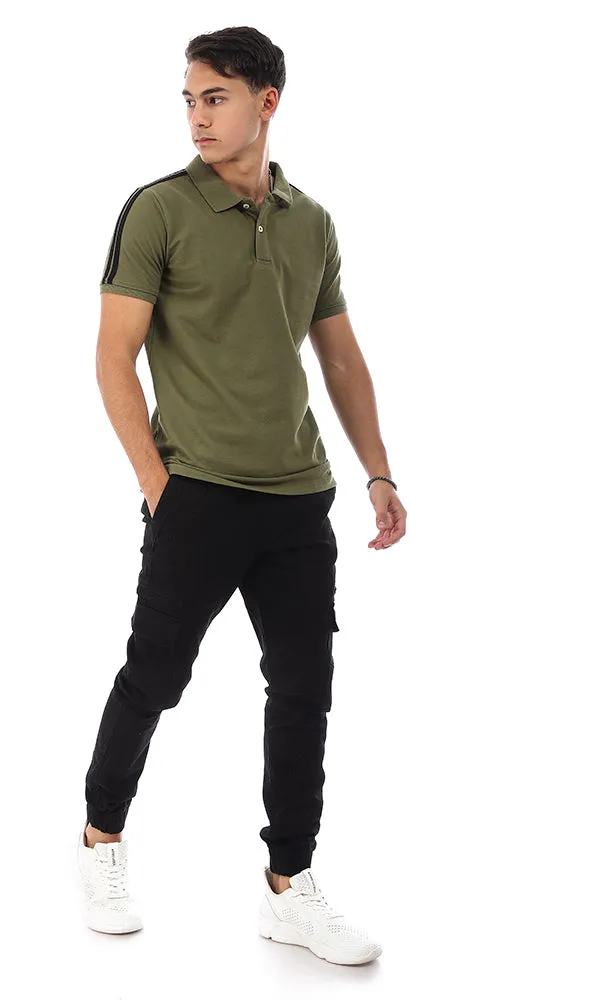 95495 Two Lined Shoulder Plain Polo Shirt - Olive