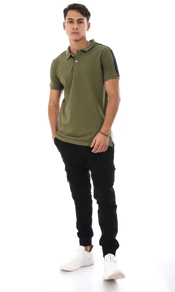 95495 Two Lined Shoulder Plain Polo Shirt - Olive