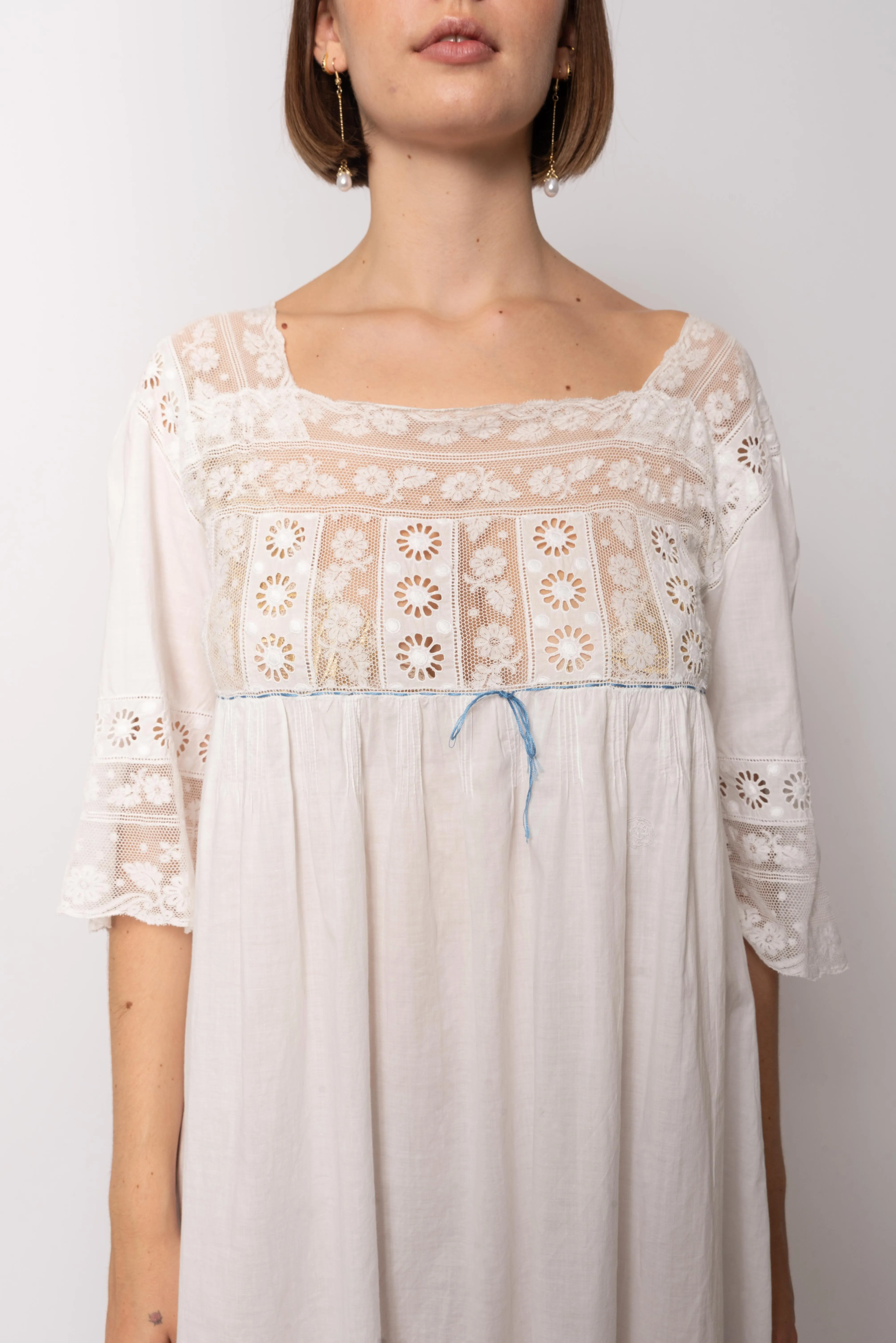Antique Empire Waist French Cotton Maxi Dress