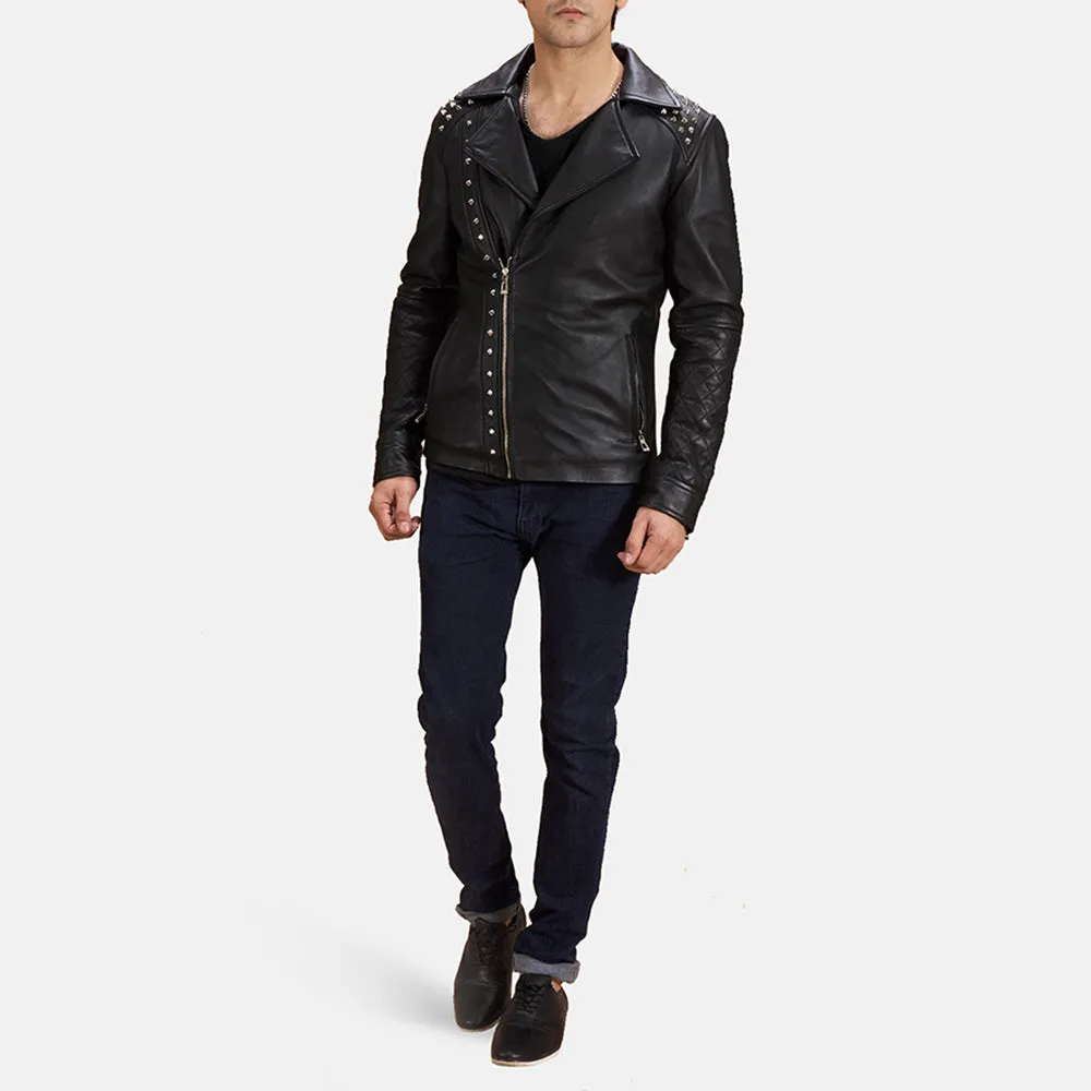 Black Studded Leather Biker Jacket Up to 5XL