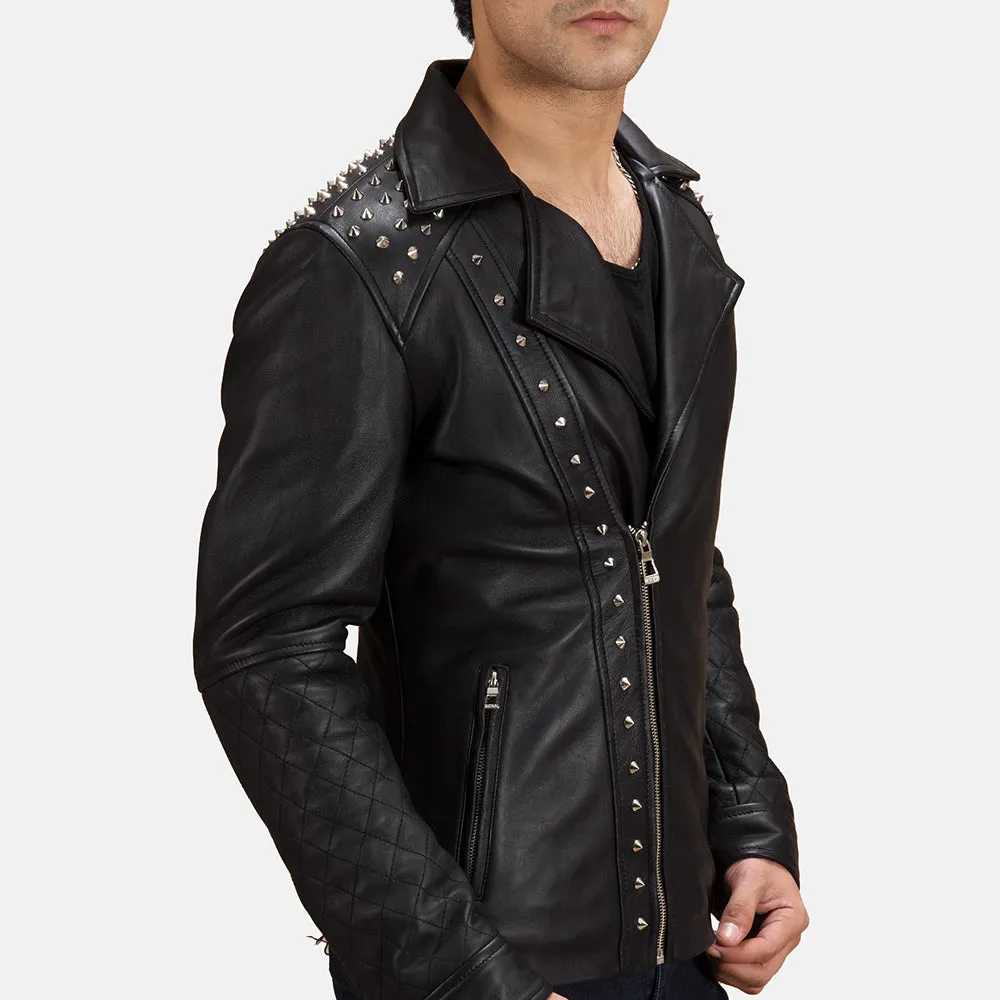 Black Studded Leather Biker Jacket Up to 5XL