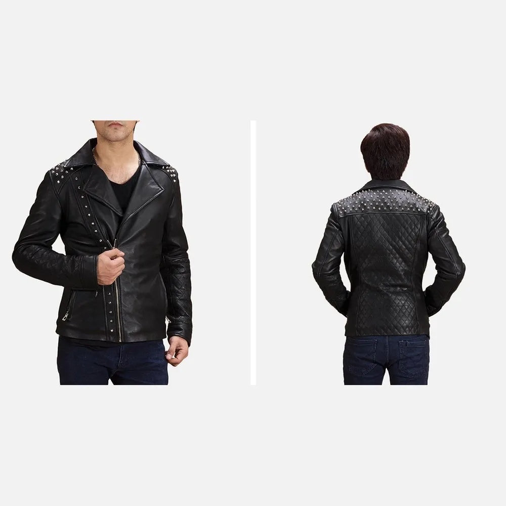 Black Studded Leather Biker Jacket Up to 5XL