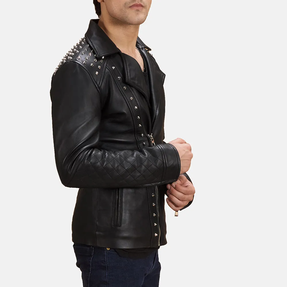 Black Studded Leather Biker Jacket Up to 5XL