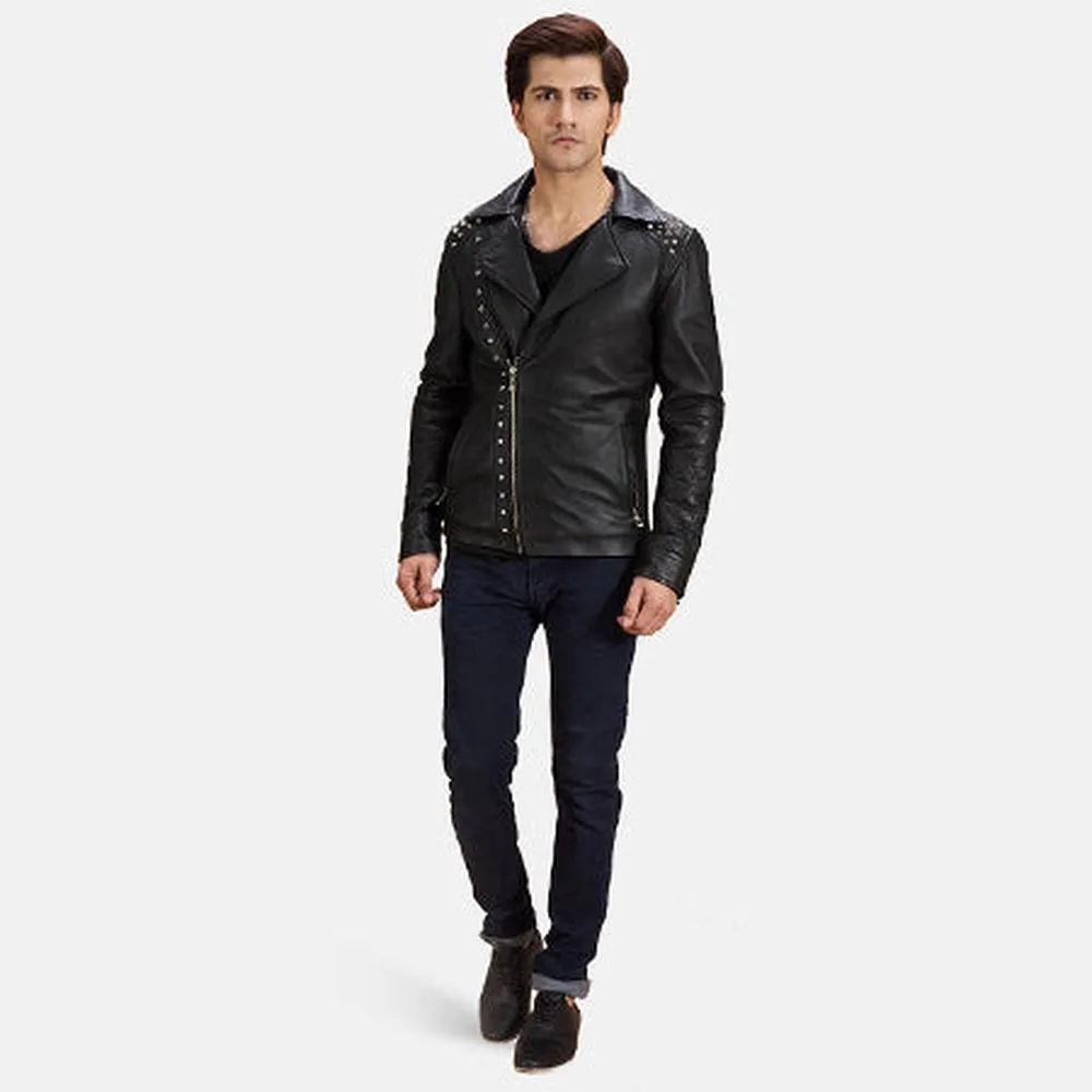 Black Studded Leather Biker Jacket Up to 5XL