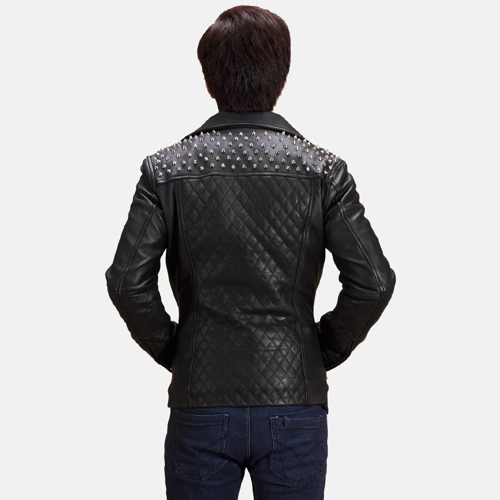Black Studded Leather Biker Jacket Up to 5XL