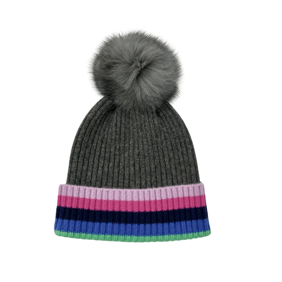 Cashmere Rainbow Tipped Hat with Fox Pom