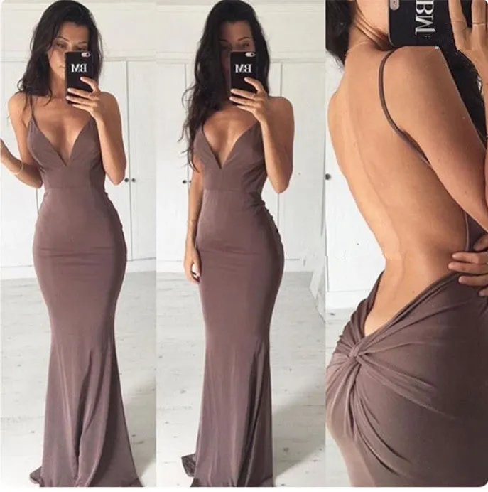 Chic Backless Sheath Long Evening Dress Spaghetti Strap Formal Dresses