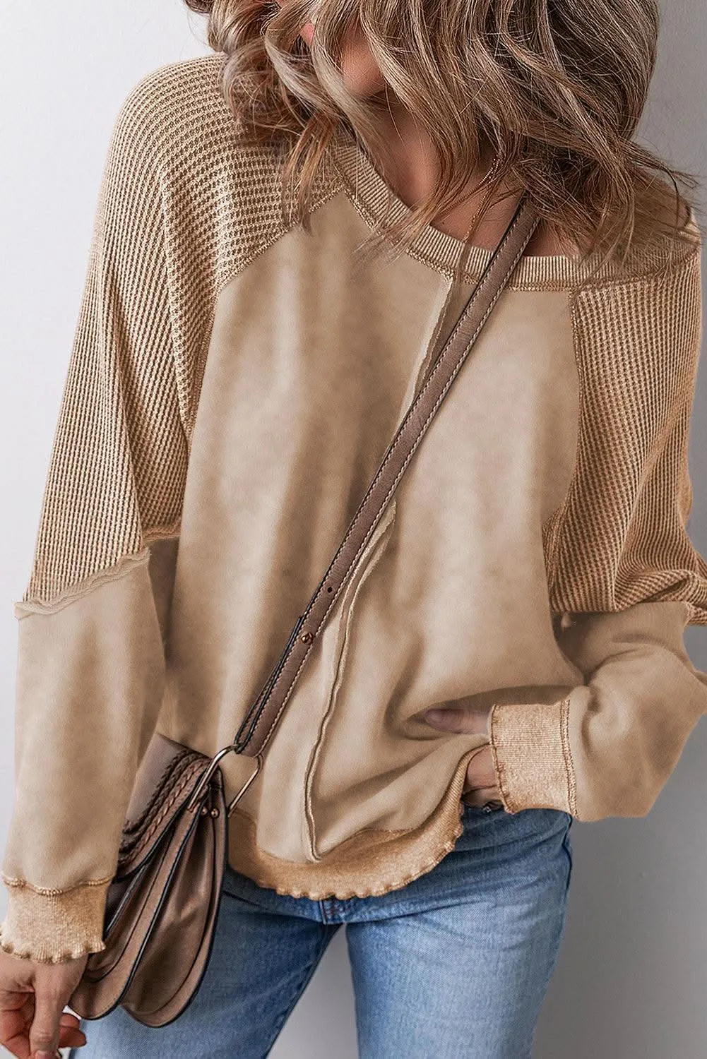 Chic light beige waffle knit sweatshirt