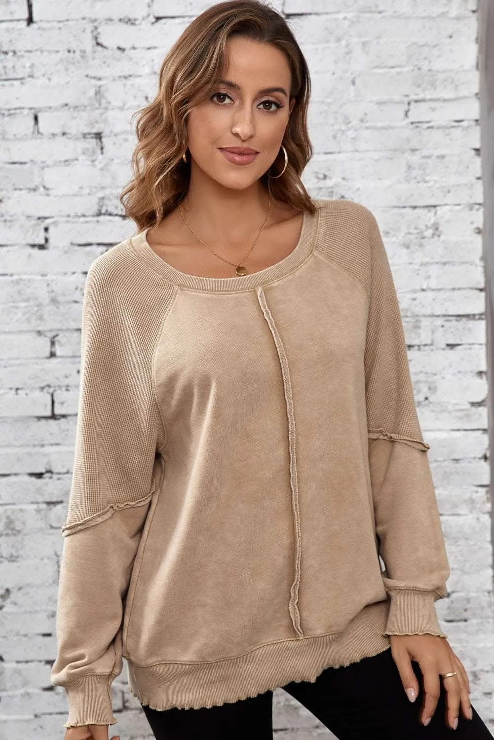 Chic light beige waffle knit sweatshirt