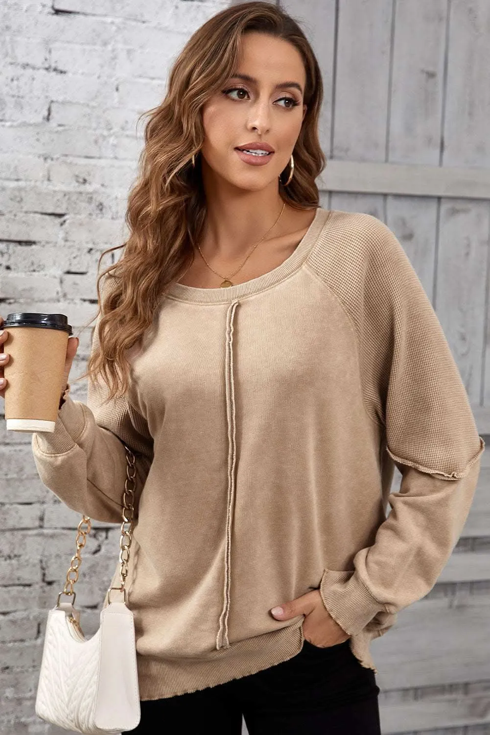 Chic light beige waffle knit sweatshirt