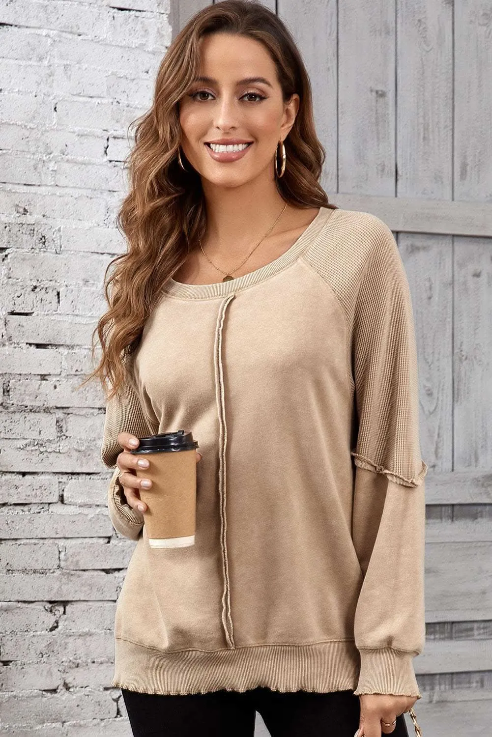 Chic light beige waffle knit sweatshirt
