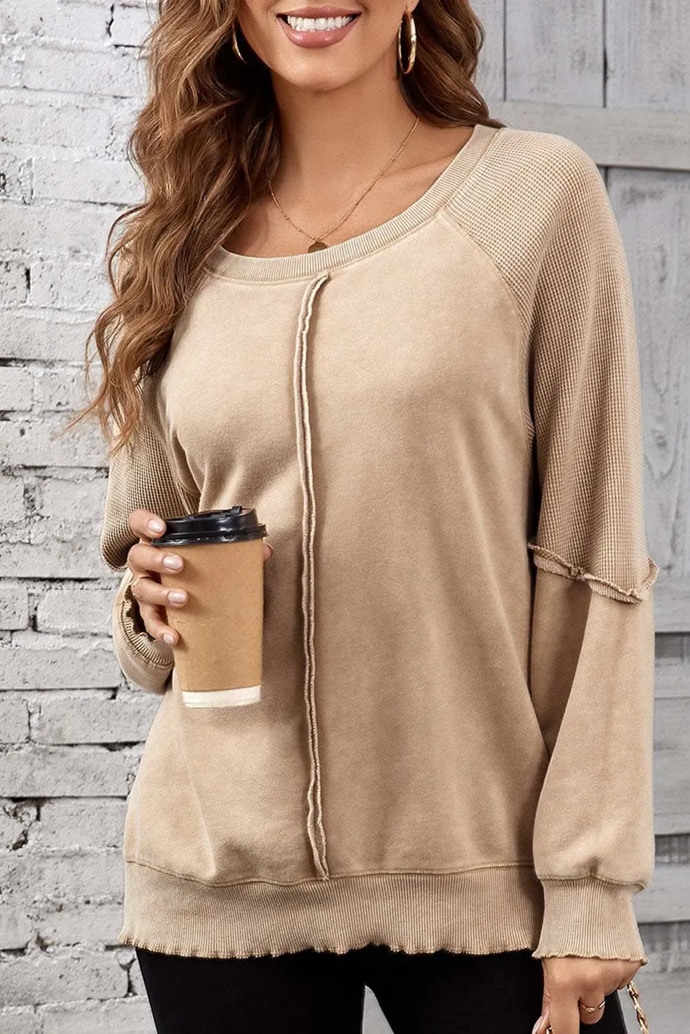 Chic light beige waffle knit sweatshirt