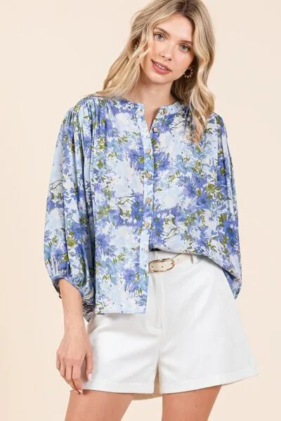 Floral Print Batwing Sleeve Button Down Blouse