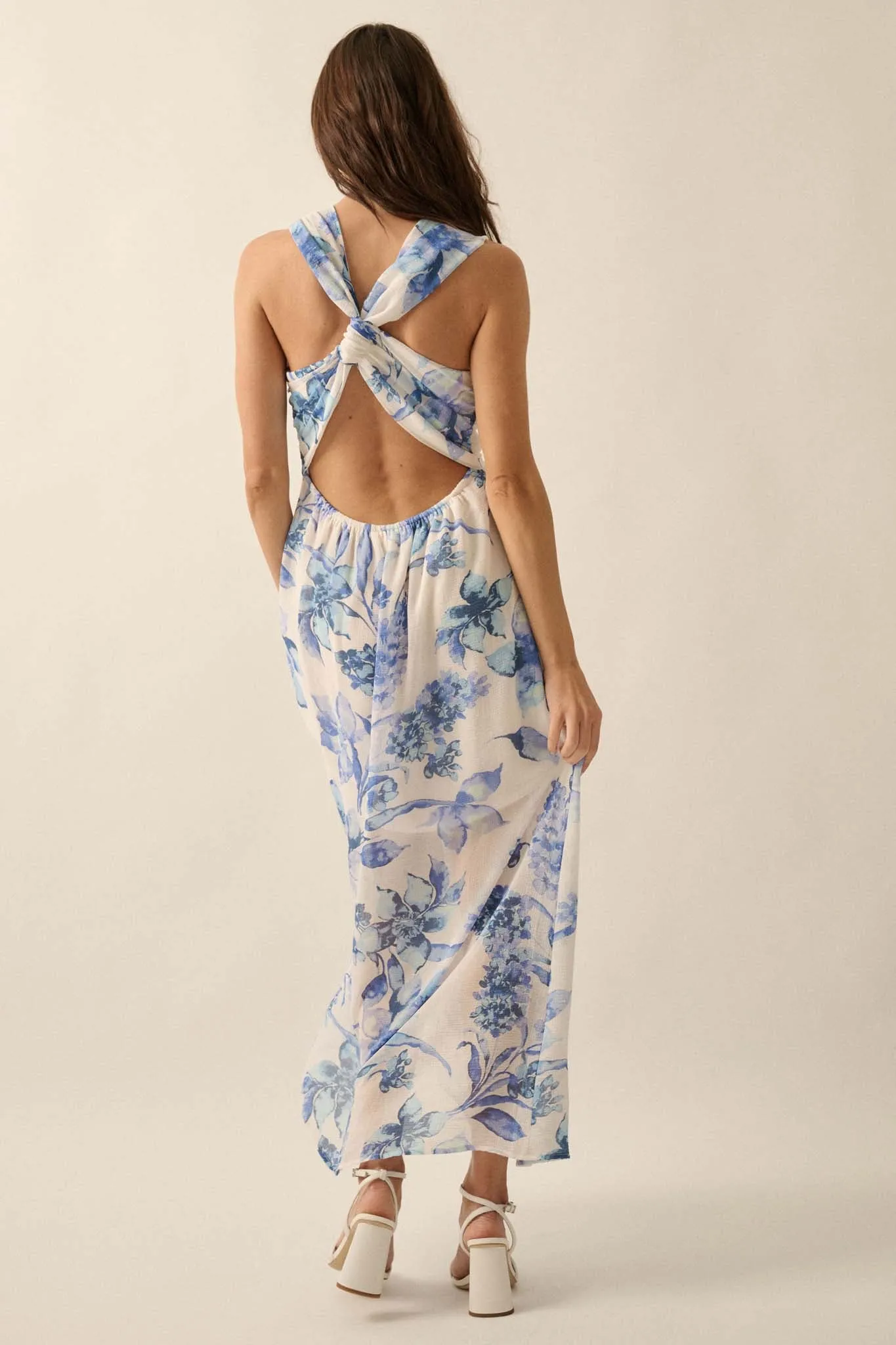 Garden Goddess Floral Chiffon Twist-Back Maxi Dress