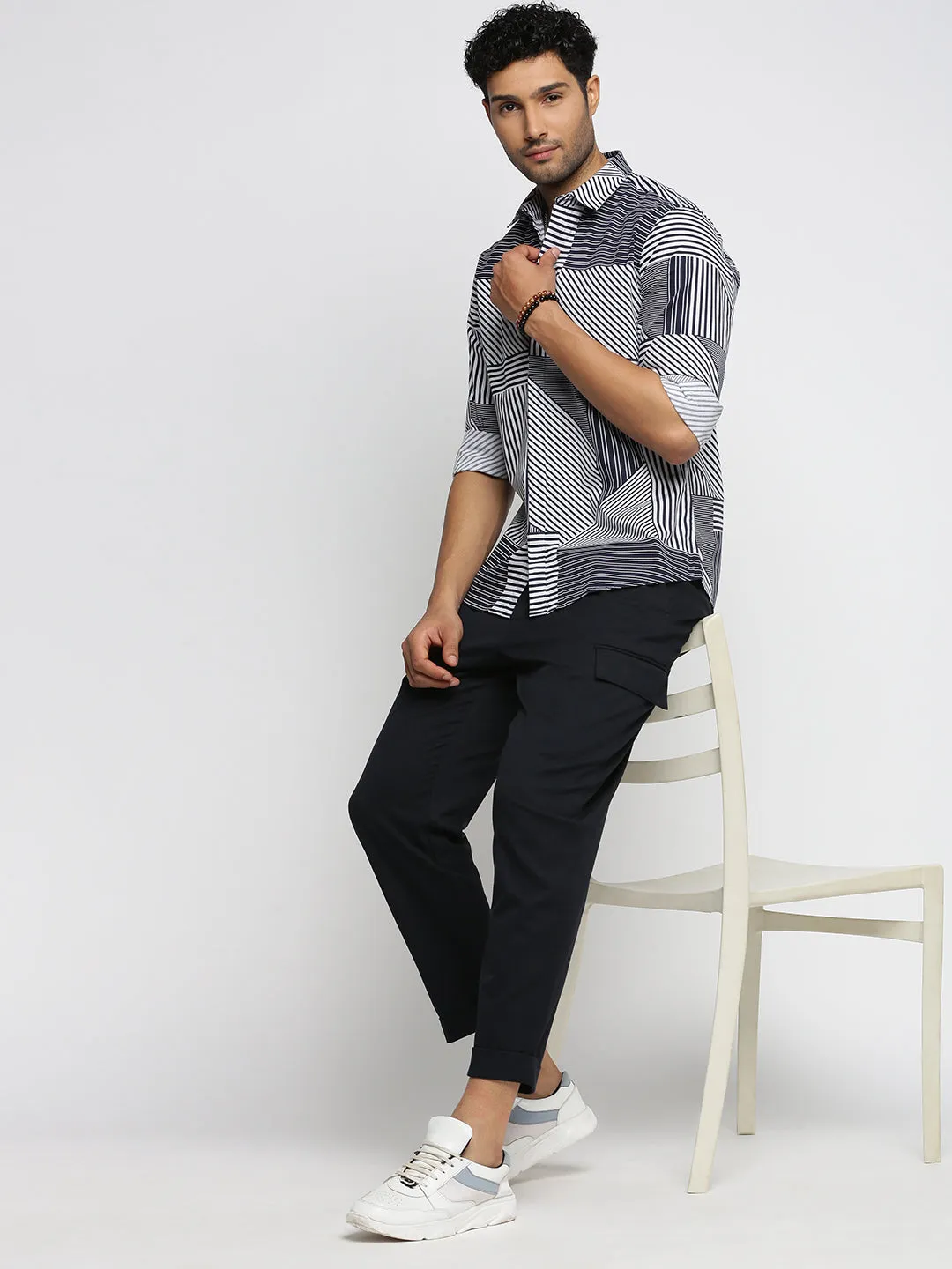 Men Blue Spread Collar Multi Stripes Shirt