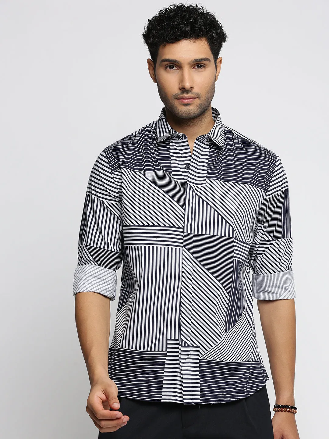Men Blue Spread Collar Multi Stripes Shirt