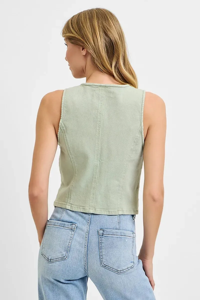 Pistachio Green V-Neck Button-Down Vest – Structured Cotton Blend Sleeveless Top