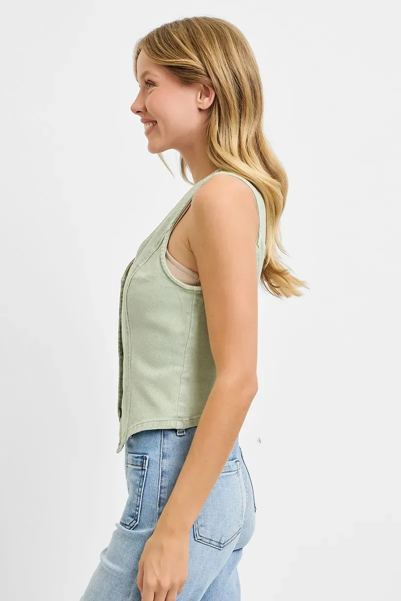 Pistachio Green V-Neck Button-Down Vest – Structured Cotton Blend Sleeveless Top