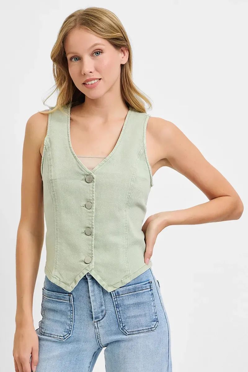 Pistachio Green V-Neck Button-Down Vest – Structured Cotton Blend Sleeveless Top