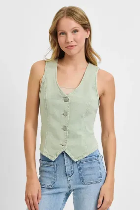 Pistachio Green V-Neck Button-Down Vest – Structured Cotton Blend Sleeveless Top