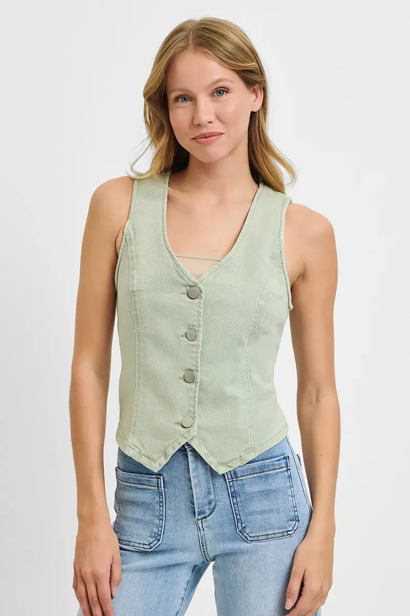 Pistachio Green V-Neck Button-Down Vest – Structured Cotton Blend Sleeveless Top