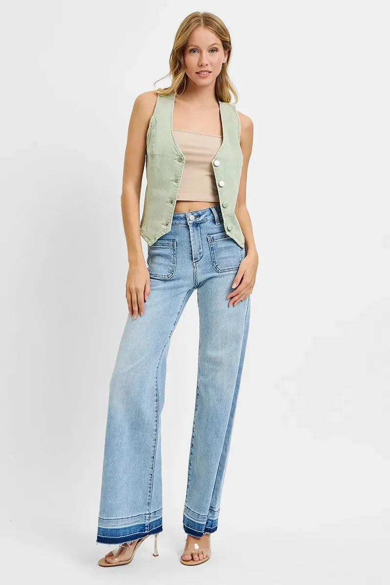 Pistachio Green V-Neck Button-Down Vest – Structured Cotton Blend Sleeveless Top