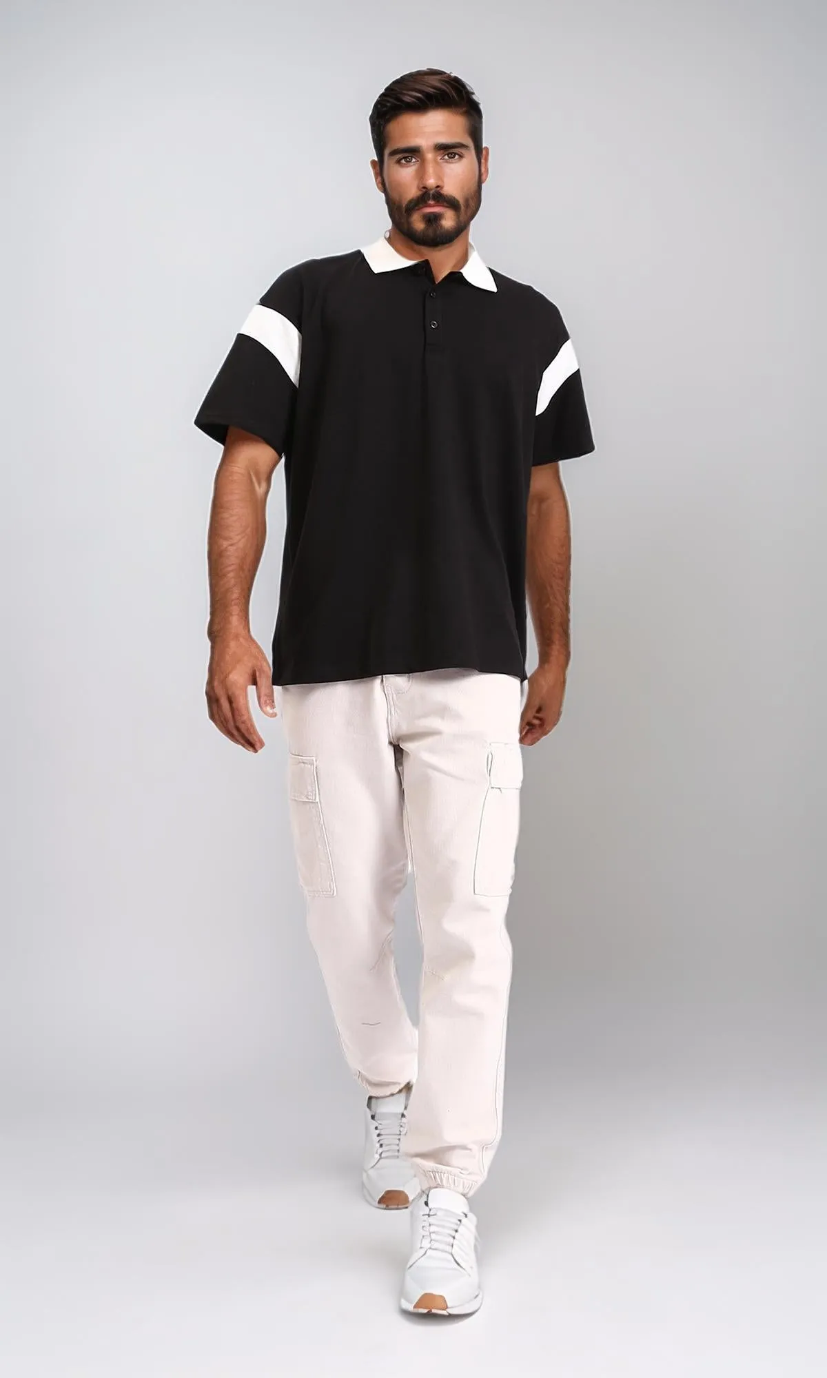R208958 - Relaxed Elbow Sleeves Casual Polo Shirt - Black