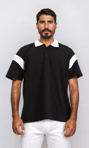 R208958 - Relaxed Elbow Sleeves Casual Polo Shirt - Black