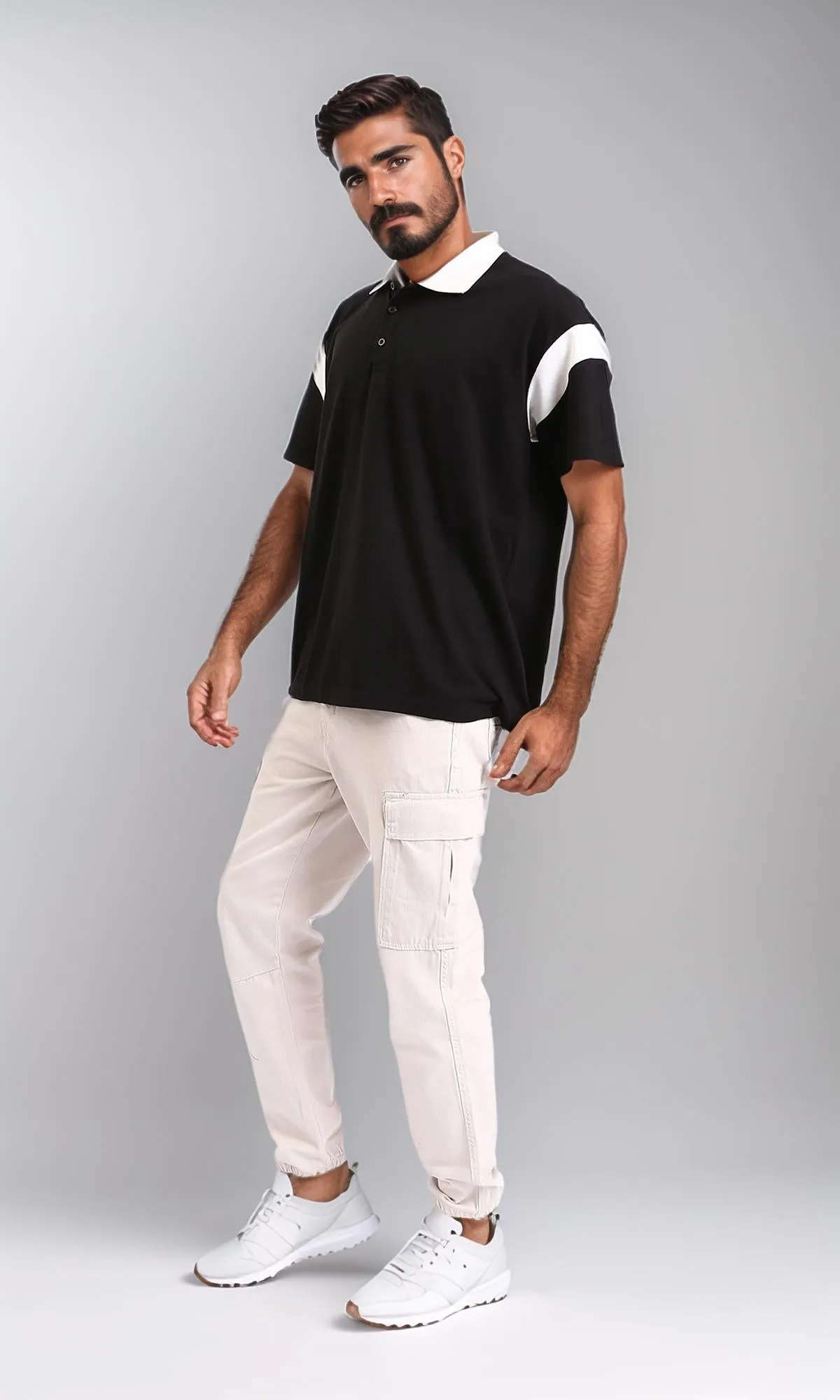 R208958 - Relaxed Elbow Sleeves Casual Polo Shirt - Black