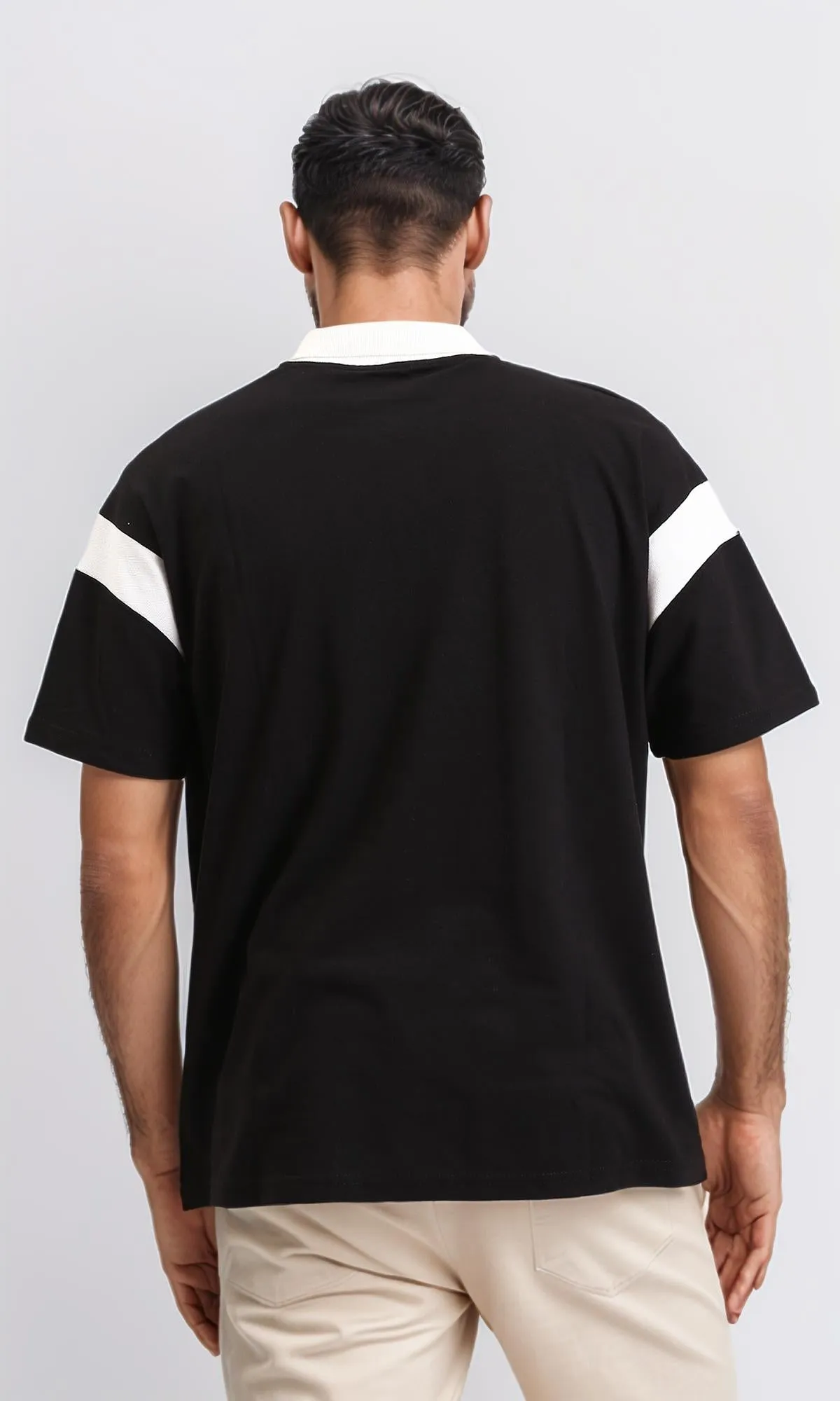 R208958 - Relaxed Elbow Sleeves Casual Polo Shirt - Black